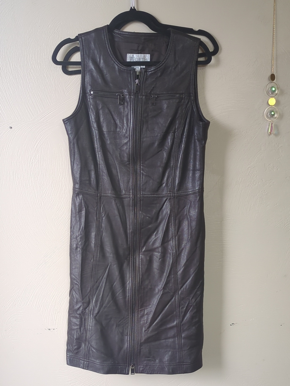 WORTH 100% Leather Shift Dress, Brown, Zippered, Fully Lined